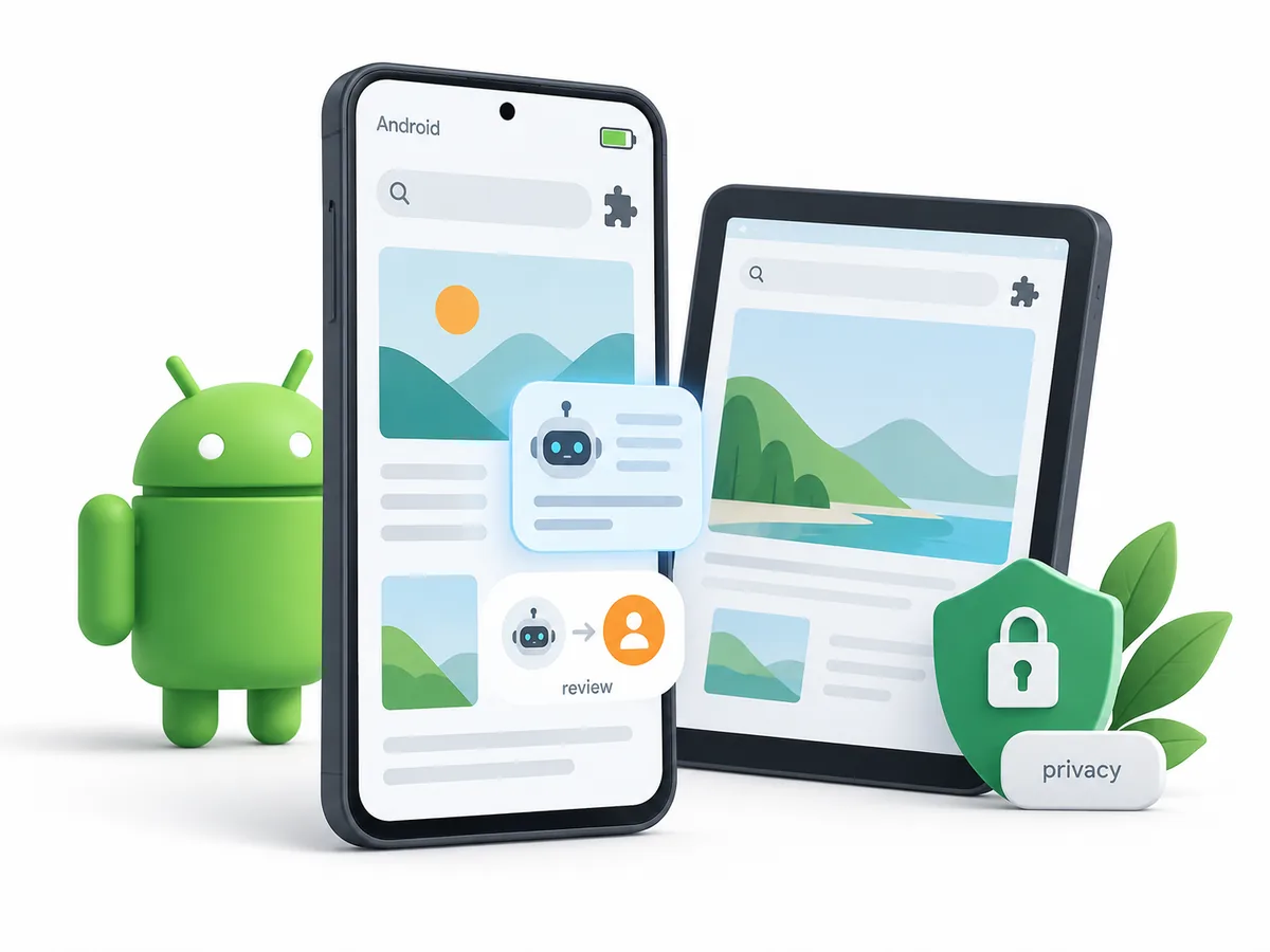 Editorial illustration of Android devices, an AI browser context layer, extension support, privacy, and human review