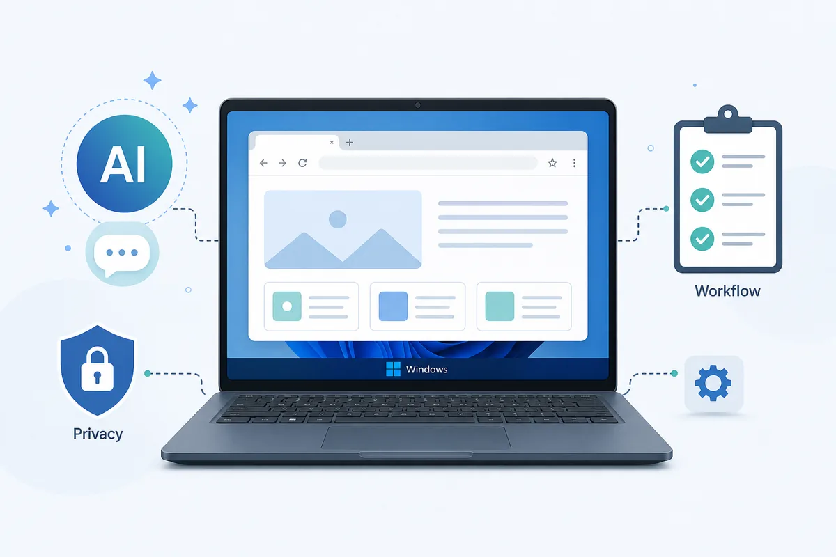 Windows 노트북과 AI, 개인정보 보호, 워크플로 점검을 보여주는 편집 일러스트