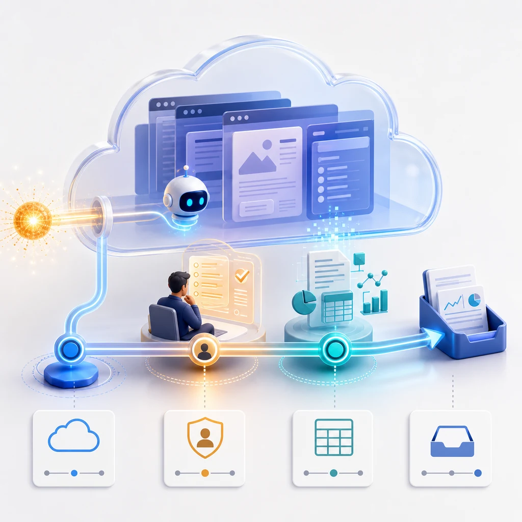 Redaktionelle Illustration eines KI-Agenten-Workflows von der Aufgabe über menschliche Freigabe bis zum strukturierten Ergebnis