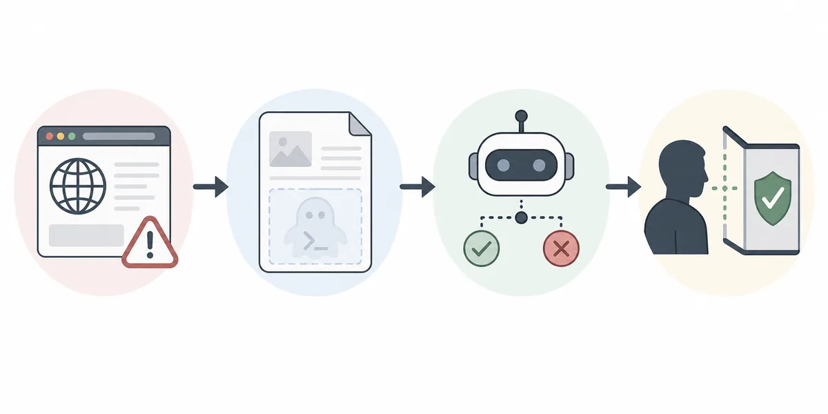 Editorial flow diagram showing untrusted webpage content, hidden instruction, AI agent decision, and human approval checkpoint