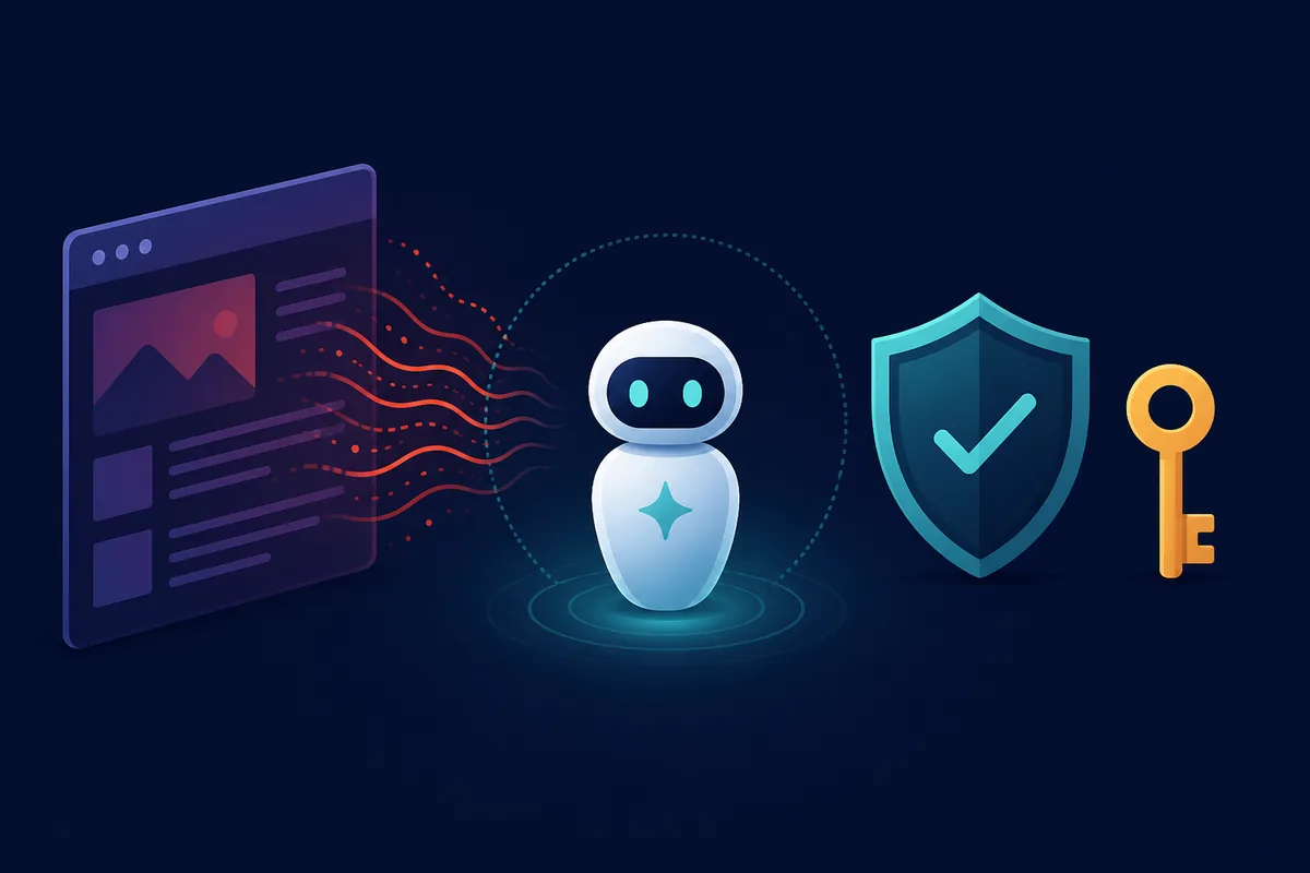 Editorial illustration of an AI browser agent protected by a shield while untrusted web content approaches from a page
