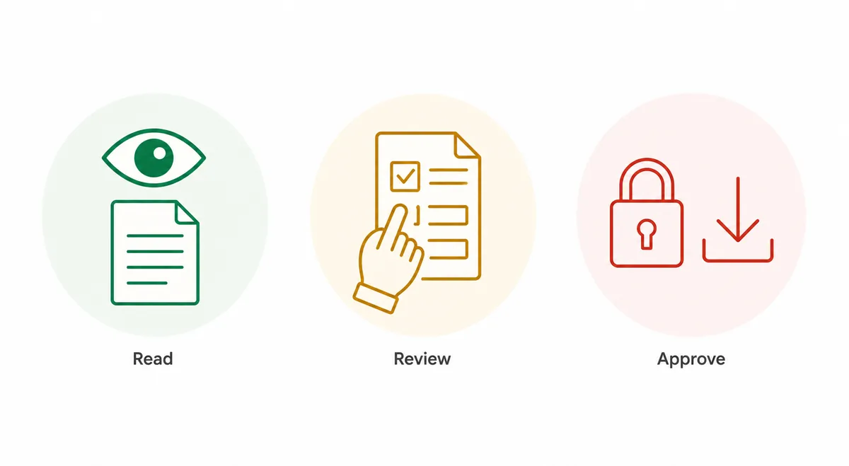 Gráfico de iconos con niveles leer, revisar y aprobar para agentes de navegador IA