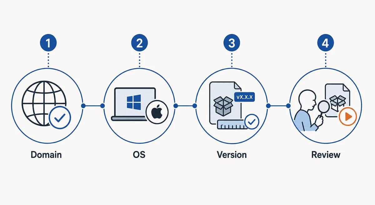 Diagrama editorial con dominio, sistema operativo, versión y revisión antes de ejecutar un instalador